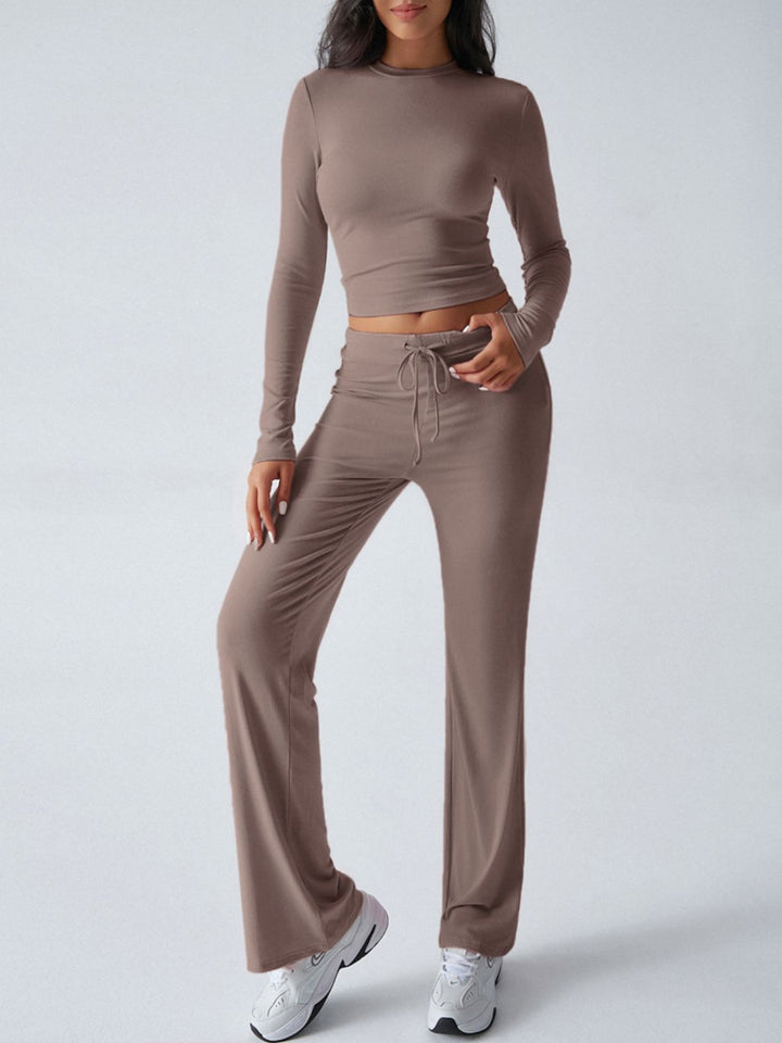Devine Round Neck Long Sleeve Top and Drawstring Pants Set - JOWLILI