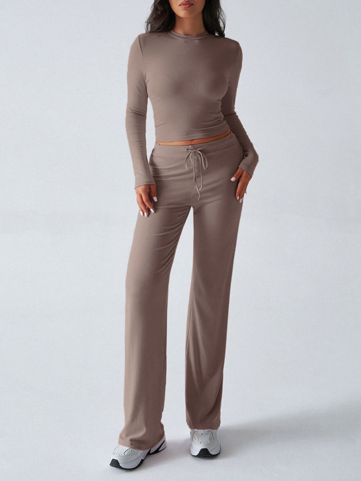 Devine Round Neck Long Sleeve Top and Drawstring Pants Set - JOWLILI