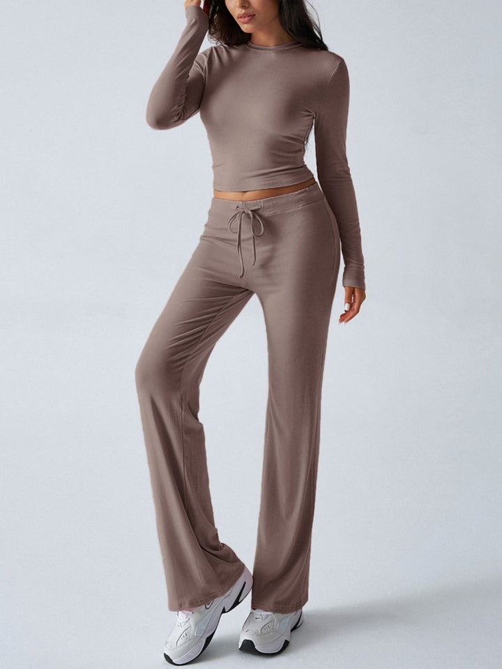 Devine Round Neck Long Sleeve Top and Drawstring Pants Set - JOWLILI
