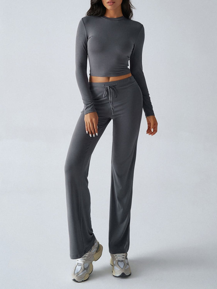 Devine Round Neck Long Sleeve Top and Drawstring Pants Set - JOWLILI