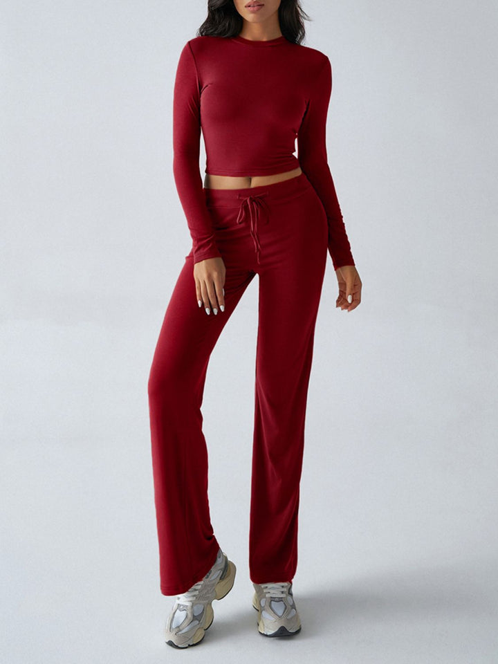Devine Round Neck Long Sleeve Top and Drawstring Pants Set - JOWLILI