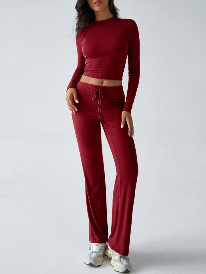 Devine Round Neck Long Sleeve Top and Drawstring Pants Set - JOWLILI