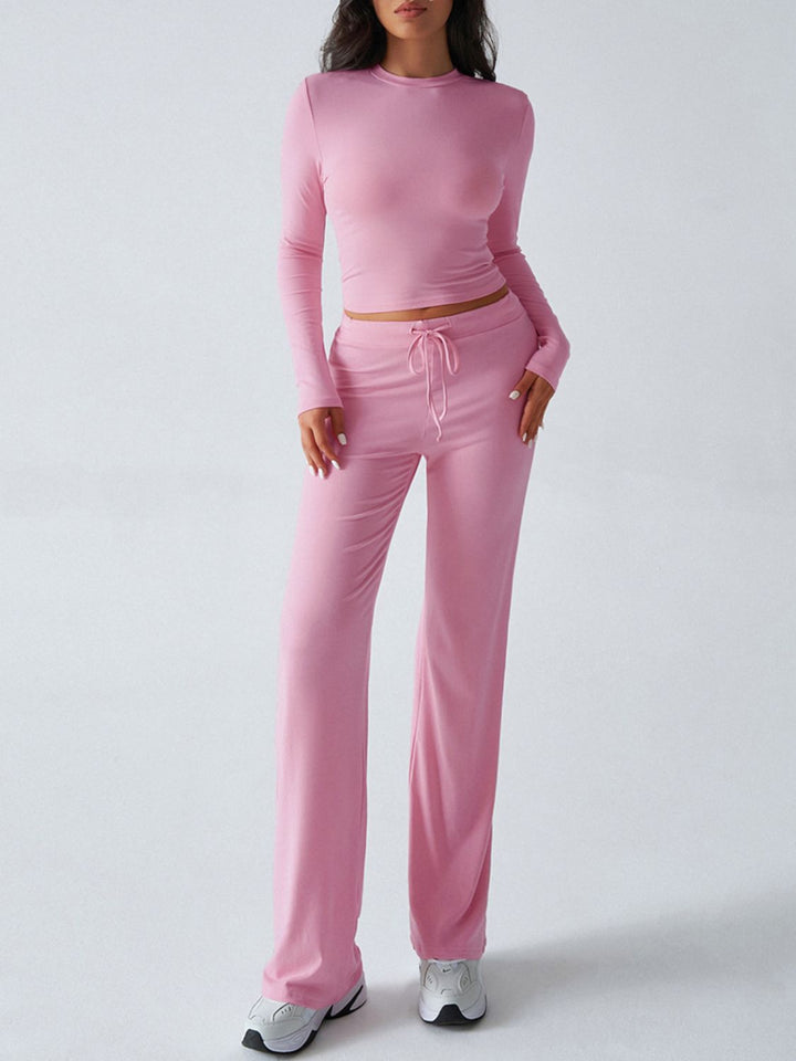 Devine Round Neck Long Sleeve Top and Drawstring Pants Set - JOWLILI