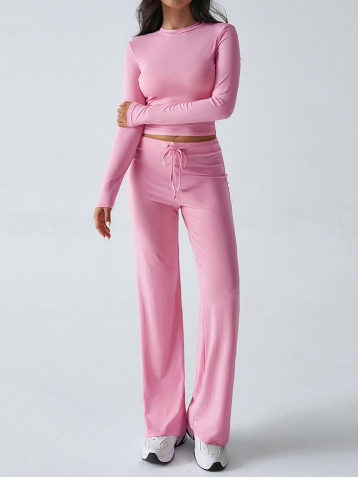Devine Round Neck Long Sleeve Top and Drawstring Pants Set - JOWLILI