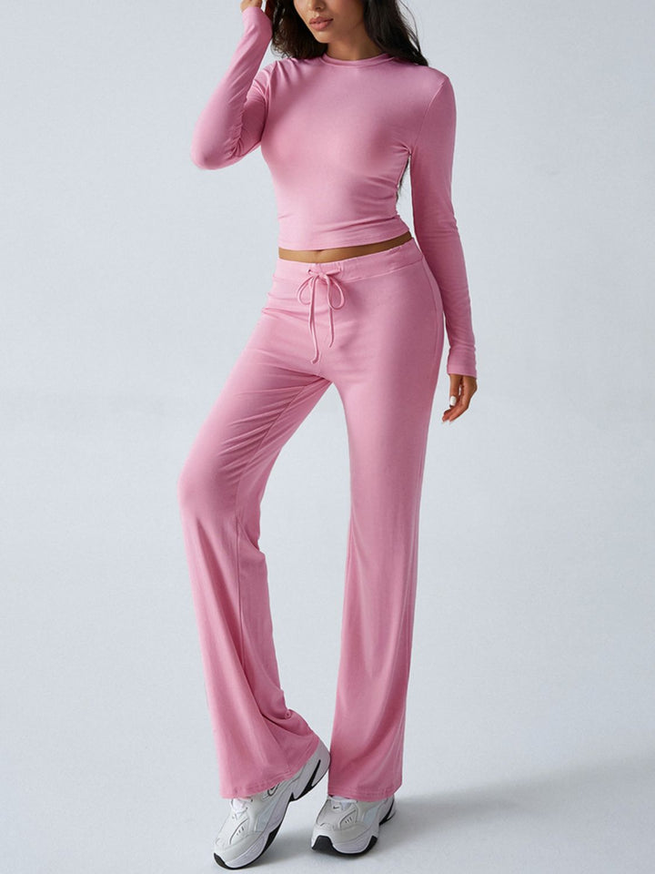 Devine Round Neck Long Sleeve Top and Drawstring Pants Set - JOWLILI