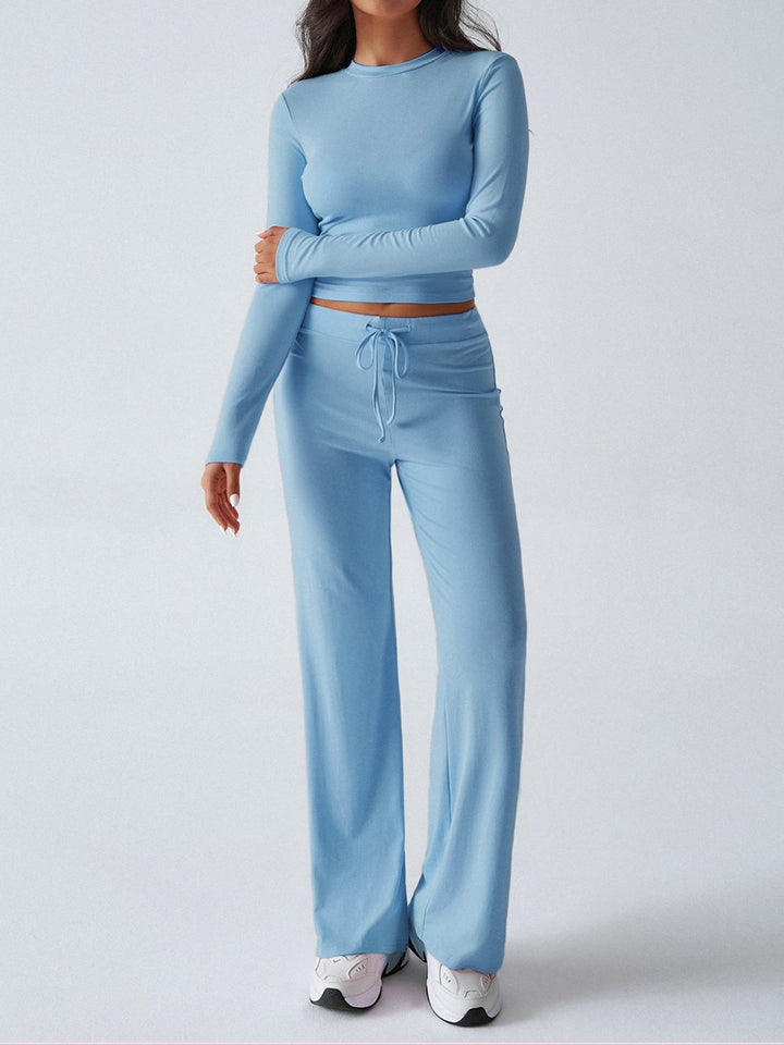 Devine Round Neck Long Sleeve Top and Drawstring Pants Set - JOWLILI
