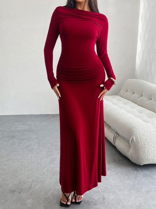 Devine Ruched Long Sleeve Maxi Dress - JOWLILI