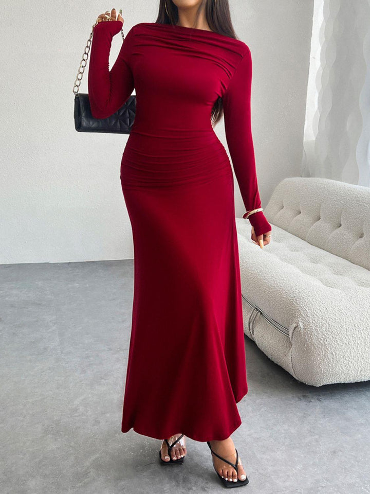 Devine Ruched Long Sleeve Maxi Dress - JOWLILI
