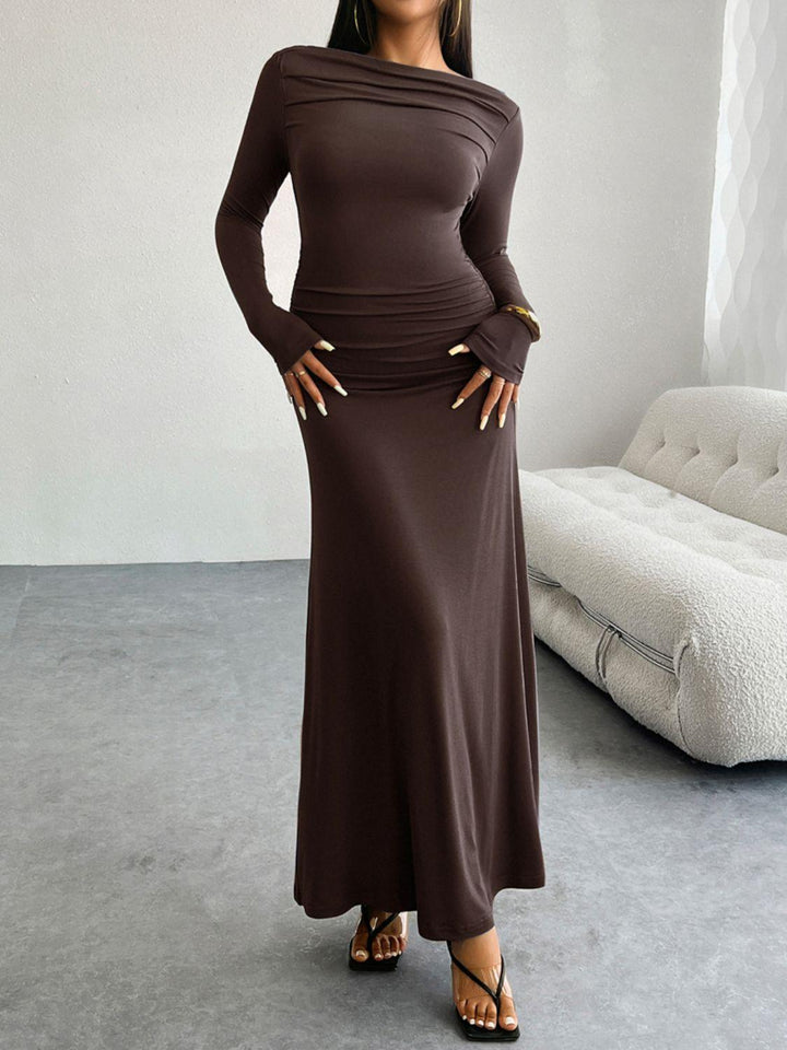 Devine Ruched Long Sleeve Maxi Dress - JOWLILI