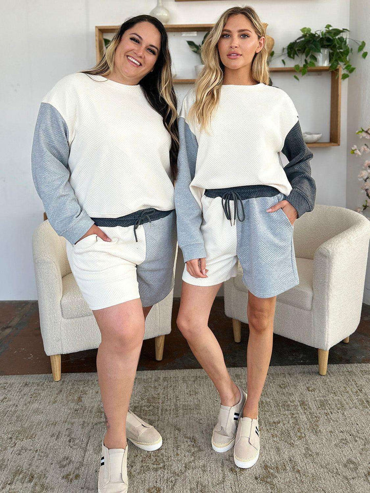 Double Take Full Size Contrast Drop Shoulder Top and Shorts Set - JOWLILI
