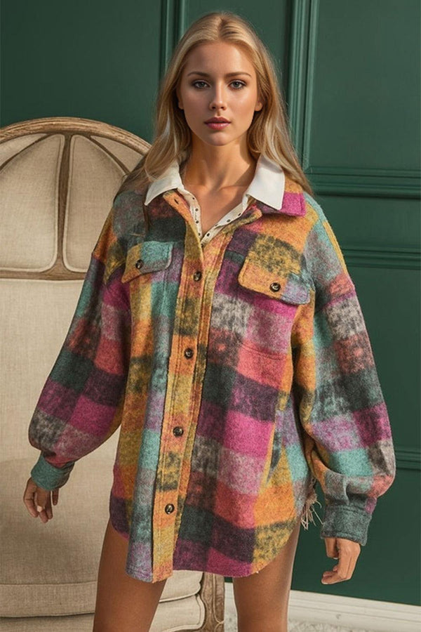 Double Take Full Size Button Up Plaid Shacket with Pockets - JOWLILI