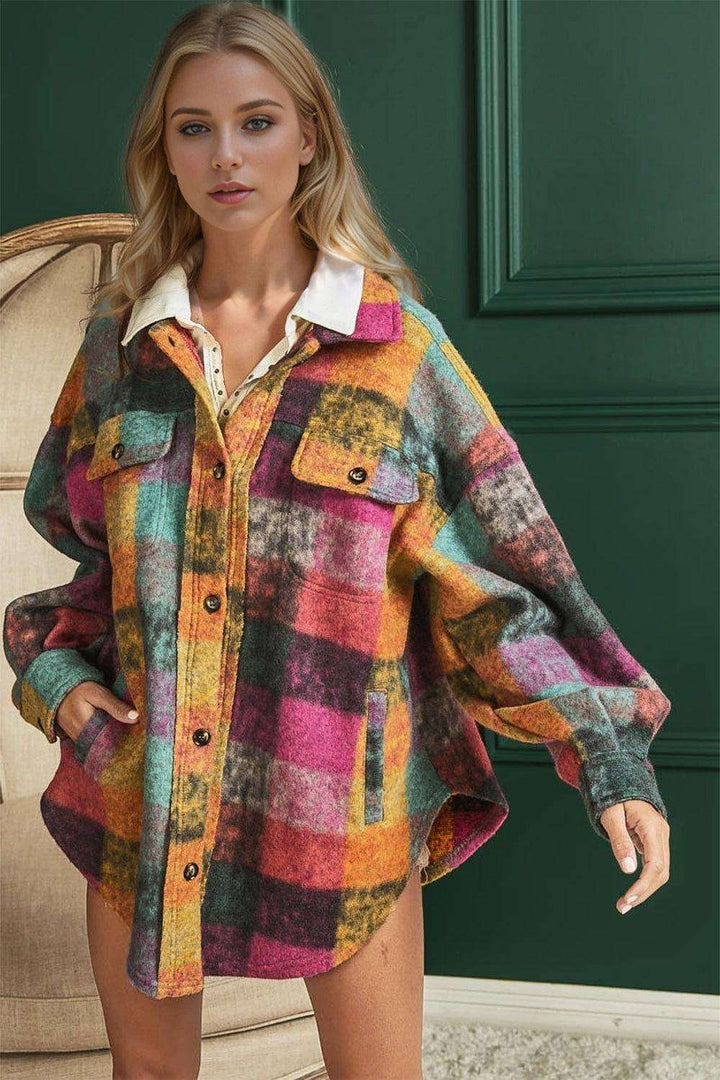 Double Take Full Size Button Up Plaid Shacket with Pockets - JOWLILI