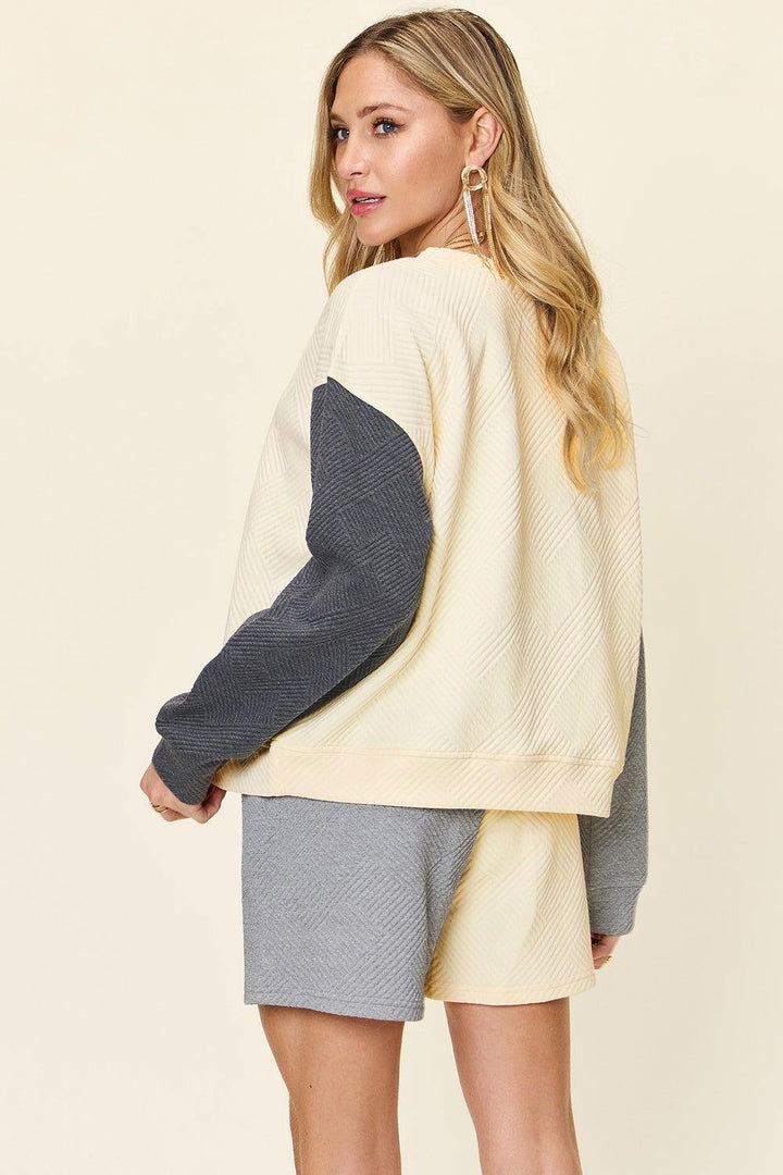 Double Take Full Size Contrast Drop Shoulder Top and Shorts Set - JOWLILI