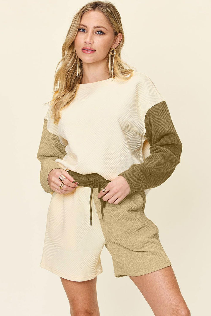 Double Take Full Size Contrast Drop Shoulder Top and Shorts Set - JOWLILI