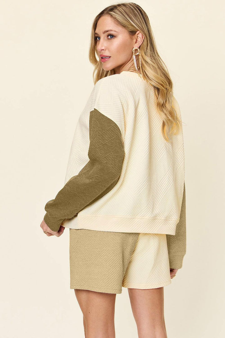 Double Take Full Size Contrast Drop Shoulder Top and Shorts Set - JOWLILI