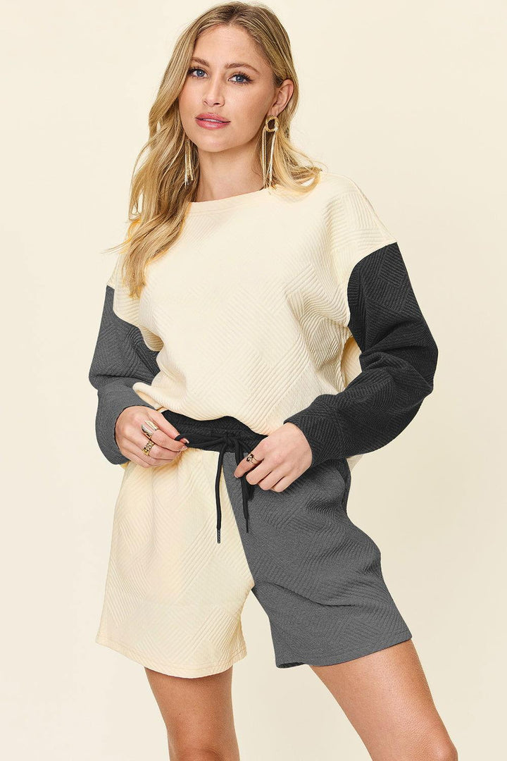 Double Take Full Size Contrast Drop Shoulder Top and Shorts Set - JOWLILI
