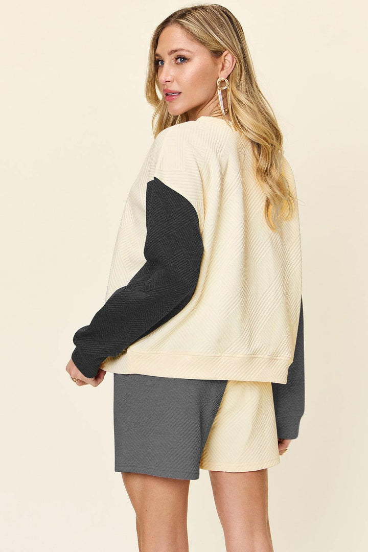 Double Take Full Size Contrast Drop Shoulder Top and Shorts Set - JOWLILI