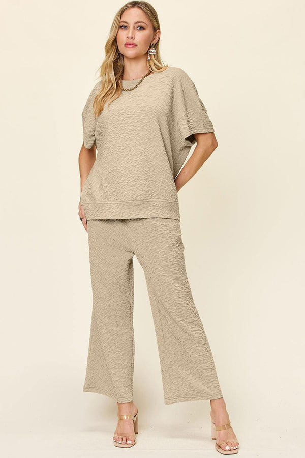 Double Take Full Size Texture Short Sleeve Top and Pants Set - JOWLILI -  - Trendsi - Double Take Full Size Texture Short Sleeve Top and Pants Set - JOWLILI - - #tag1#