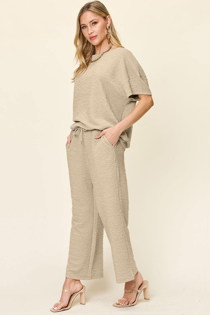 Double Take Full Size Texture Short Sleeve Top and Pants Set - JOWLILI