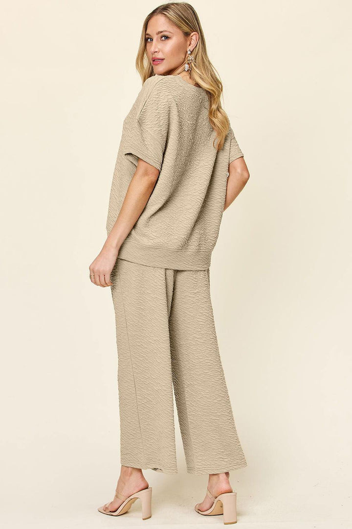 Double Take Full Size Texture Short Sleeve Top and Pants Set - JOWLILI