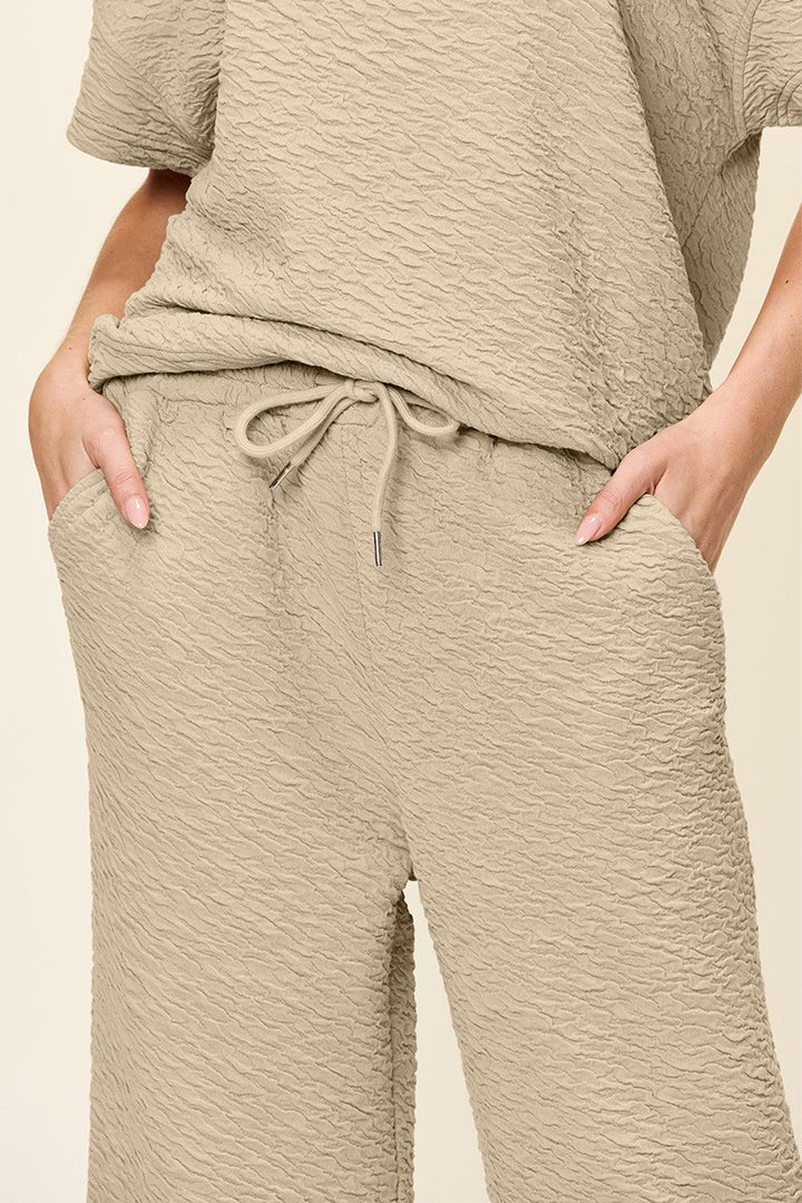 Double Take Full Size Texture Short Sleeve Top and Pants Set - JOWLILI
