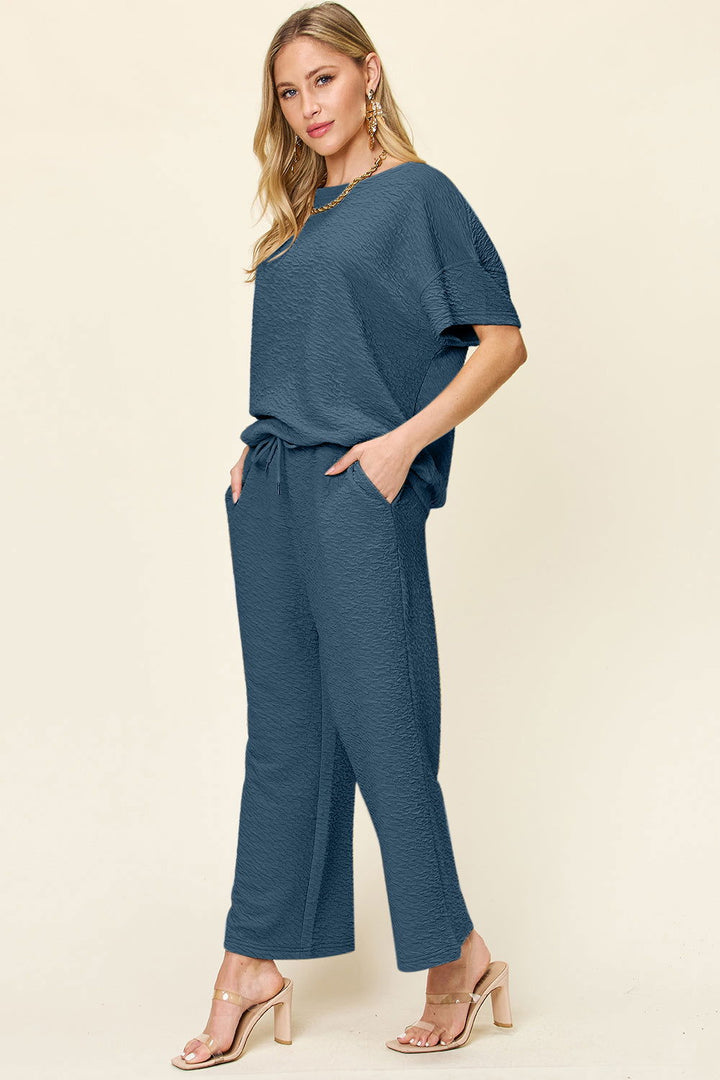 Double Take Full Size Texture Short Sleeve Top and Pants Set - JOWLILI