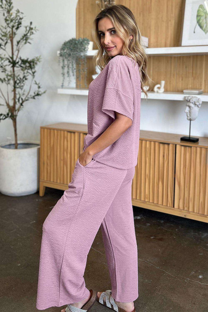 Double Take Full Size Texture Short Sleeve Top and Pants Set - JOWLILI