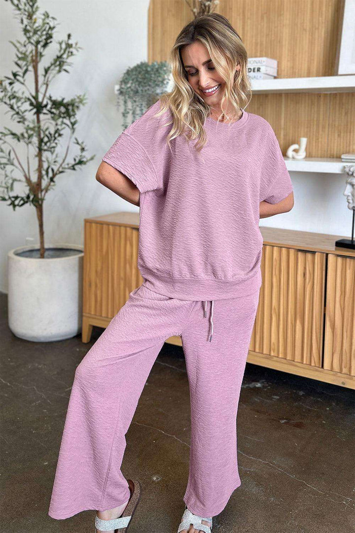 Double Take Full Size Texture Short Sleeve Top and Pants Set - JOWLILI