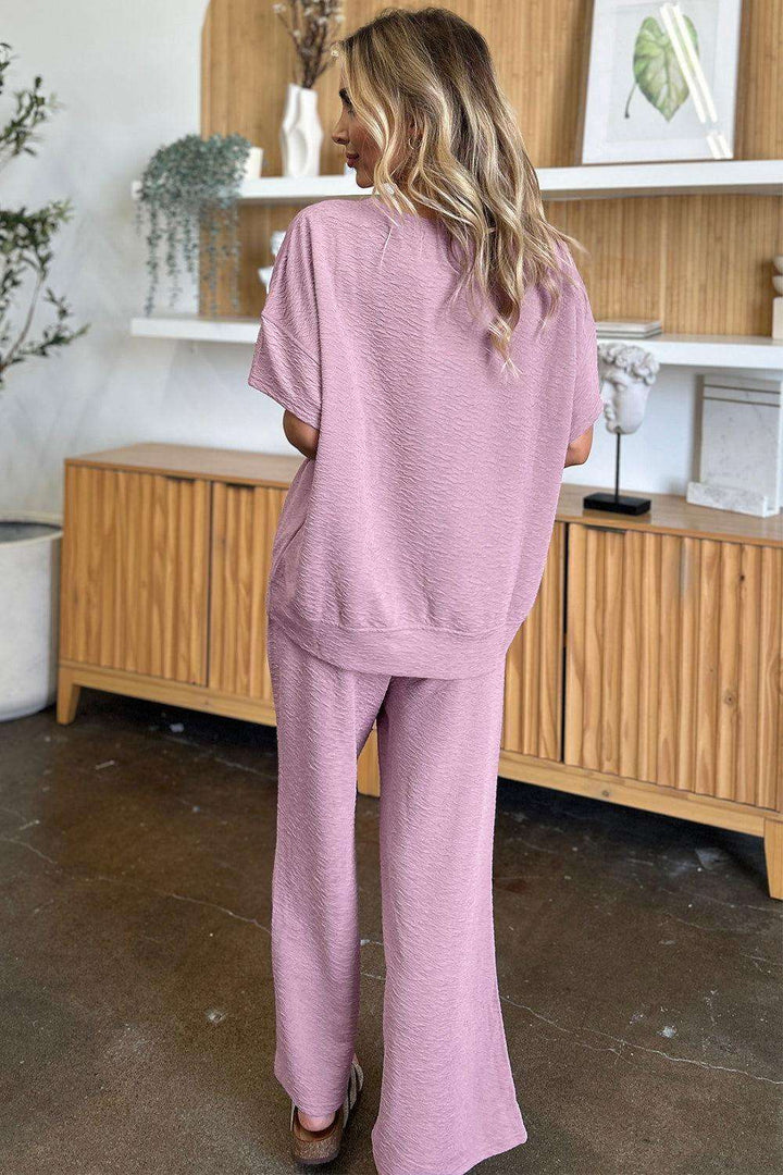 Double Take Full Size Texture Short Sleeve Top and Pants Set - JOWLILI