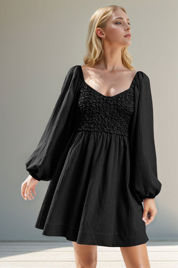 Double Take Texture Smocked Balloon Sleeve Mini Dress - JOWLILI