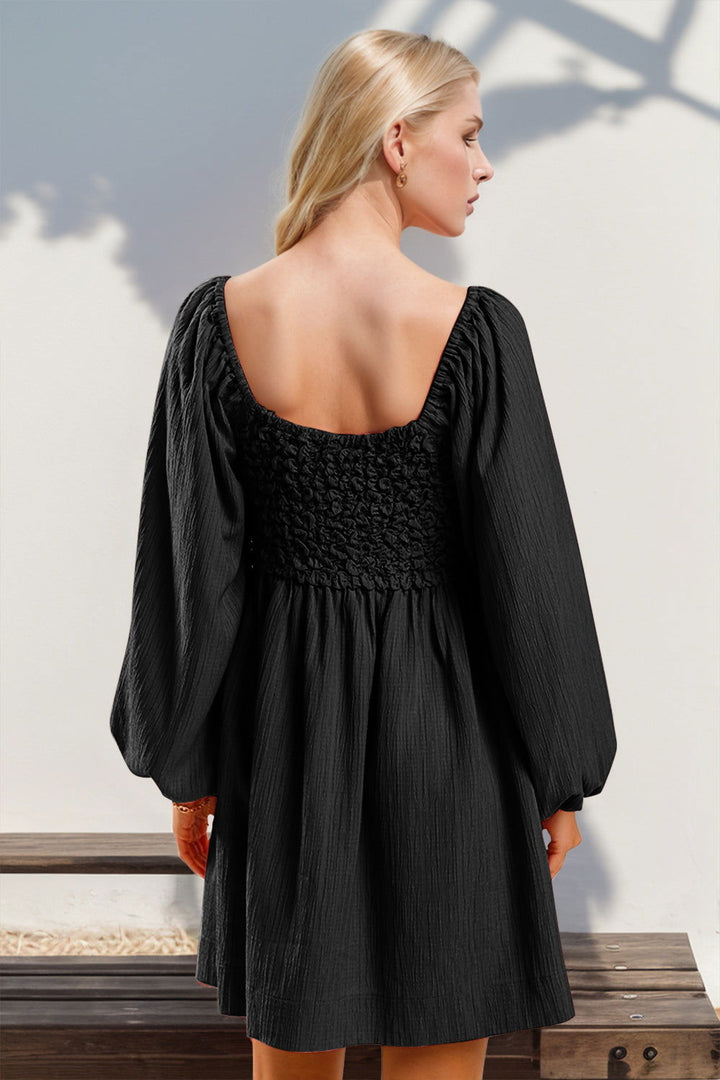 Double Take Texture Smocked Balloon Sleeve Mini Dress - JOWLILI