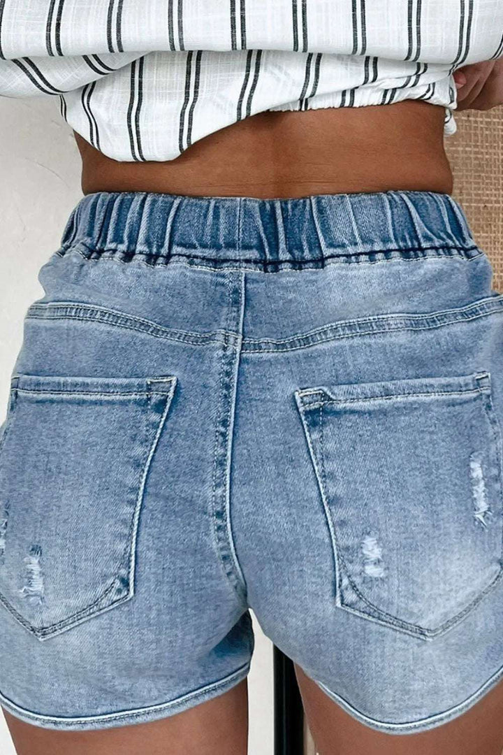 Drawstring High Waist Distressed Denim Shorts - JOWLILI