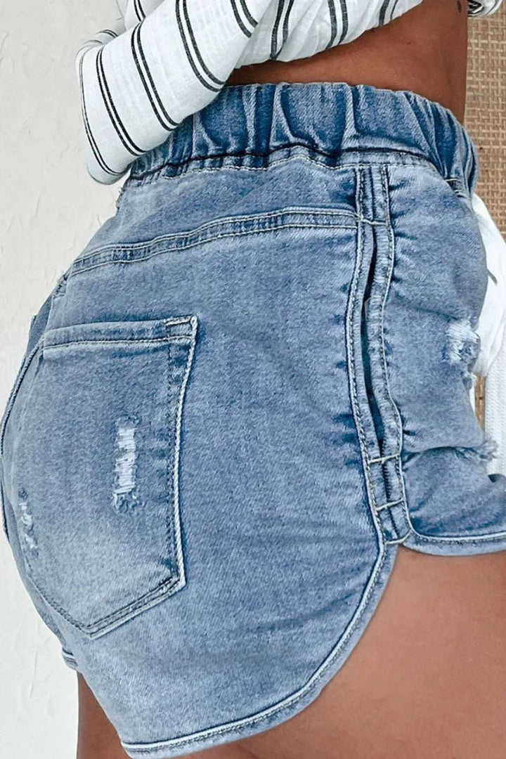 Drawstring High Waist Distressed Denim Shorts - JOWLILI