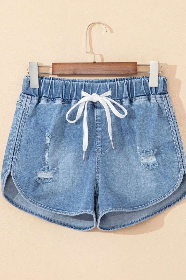 Drawstring High Waist Distressed Denim Shorts - JOWLILI