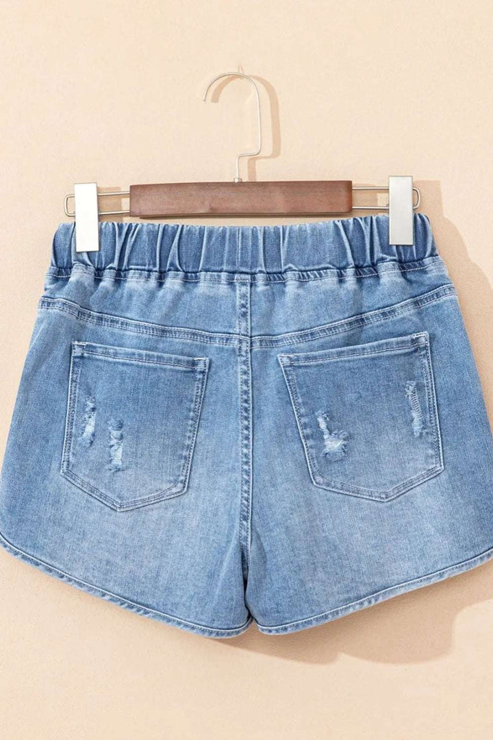 Drawstring High Waist Distressed Denim Shorts - JOWLILI