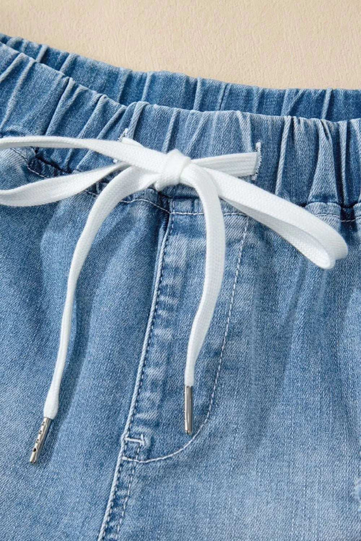 Drawstring High Waist Distressed Denim Shorts - JOWLILI