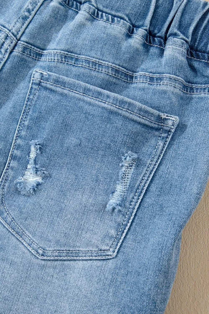 Drawstring High Waist Distressed Denim Shorts - JOWLILI