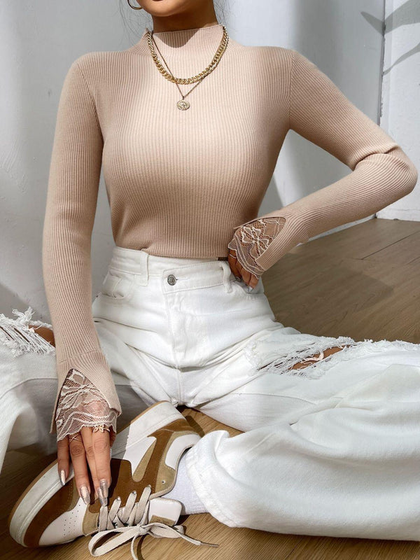 Elegant Knit Top with Lace Cuffs - JOWLILI