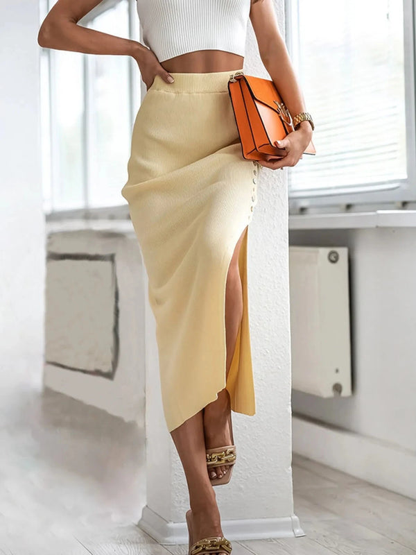 Elegant Ribbed Slit Skirt with Elastic Waist - JOWLILI
