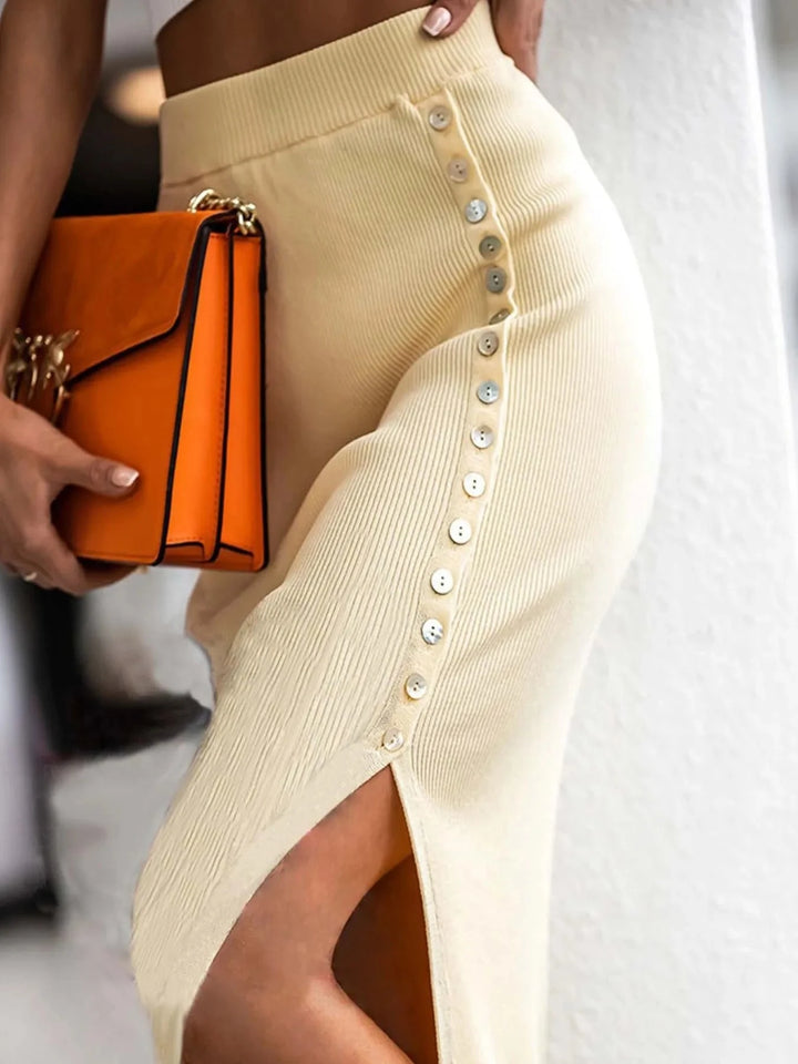 Elegant Ribbed Slit Skirt with Elastic Waist - JOWLILI