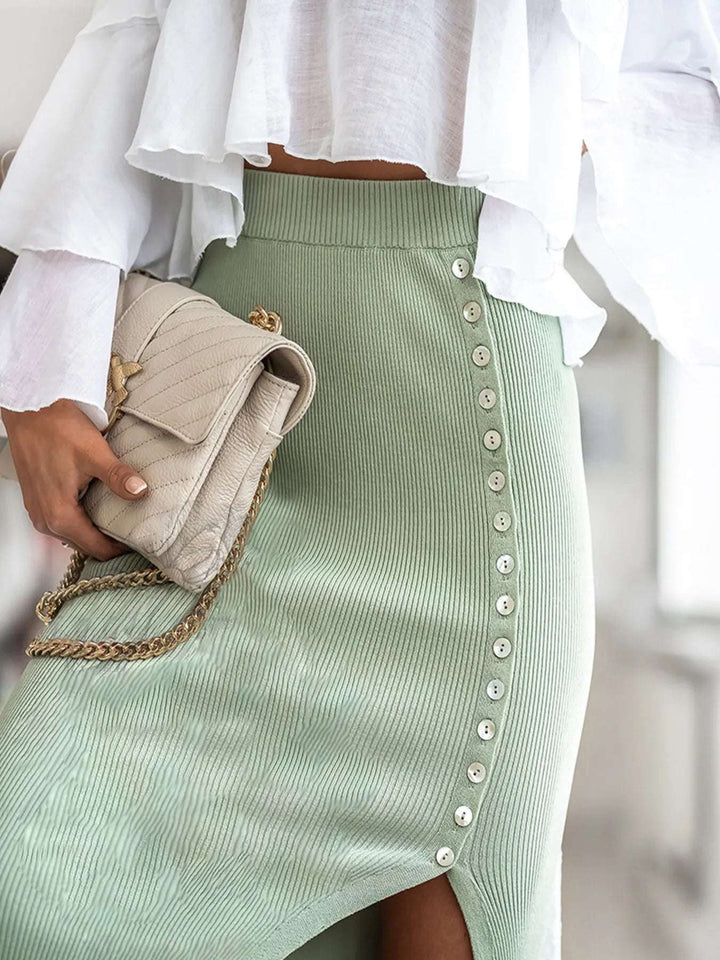 Elegant Ribbed Slit Skirt with Elastic Waist - JOWLILI