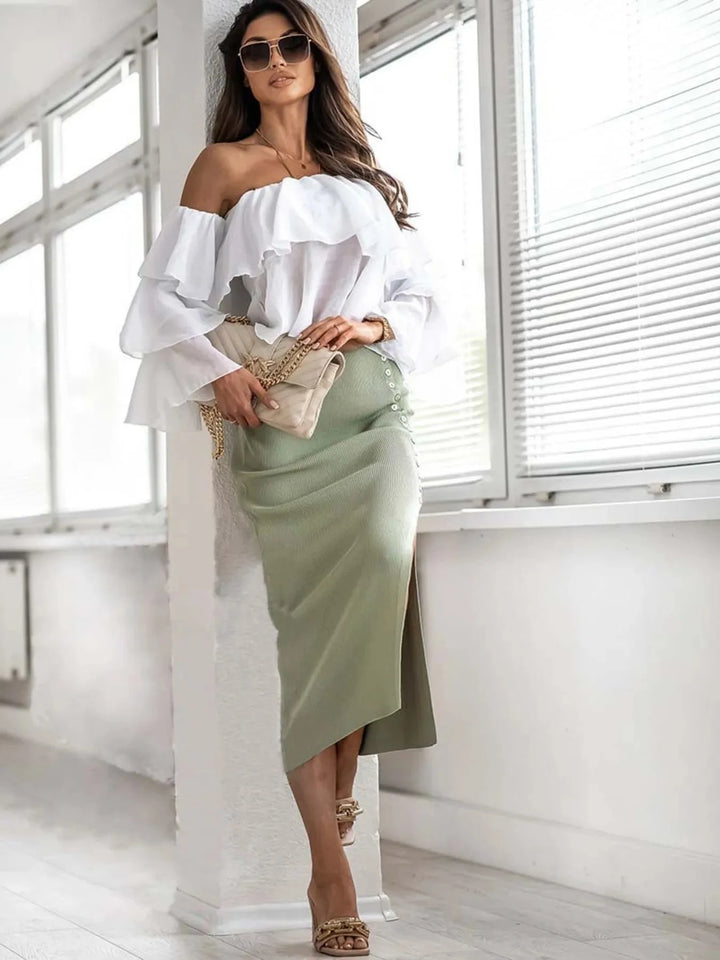 Elegant Ribbed Slit Skirt with Elastic Waist - JOWLILI