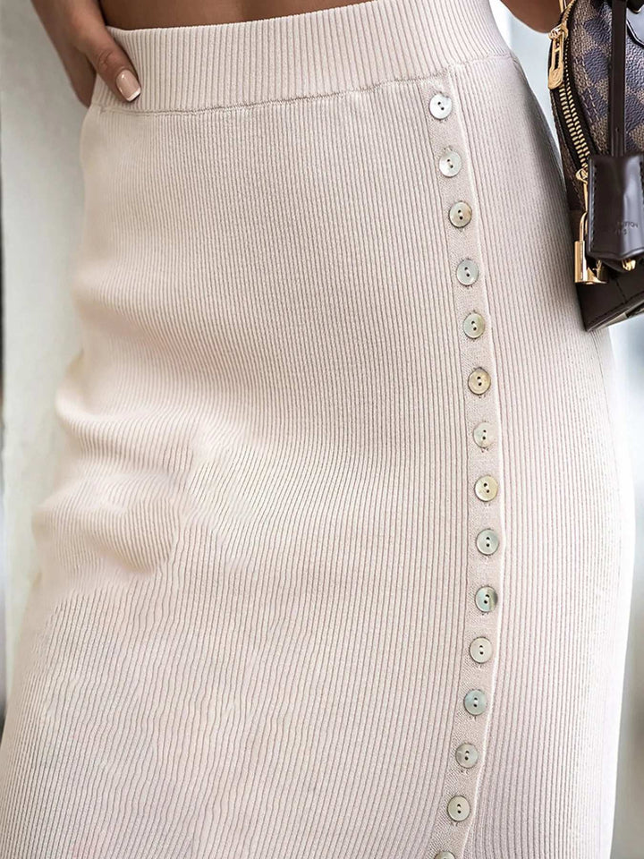 Elegant Ribbed Slit Skirt with Elastic Waist - JOWLILI
