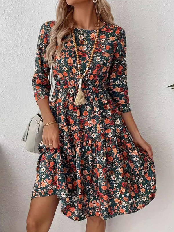 Frill Floral Round Neck Dress - JOWLILI