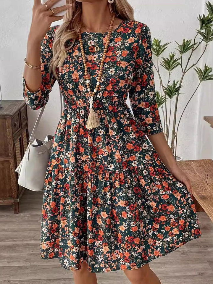 Frill Floral Round Neck Dress - JOWLILI