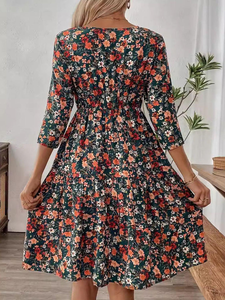 Frill Floral Round Neck Dress - JOWLILI