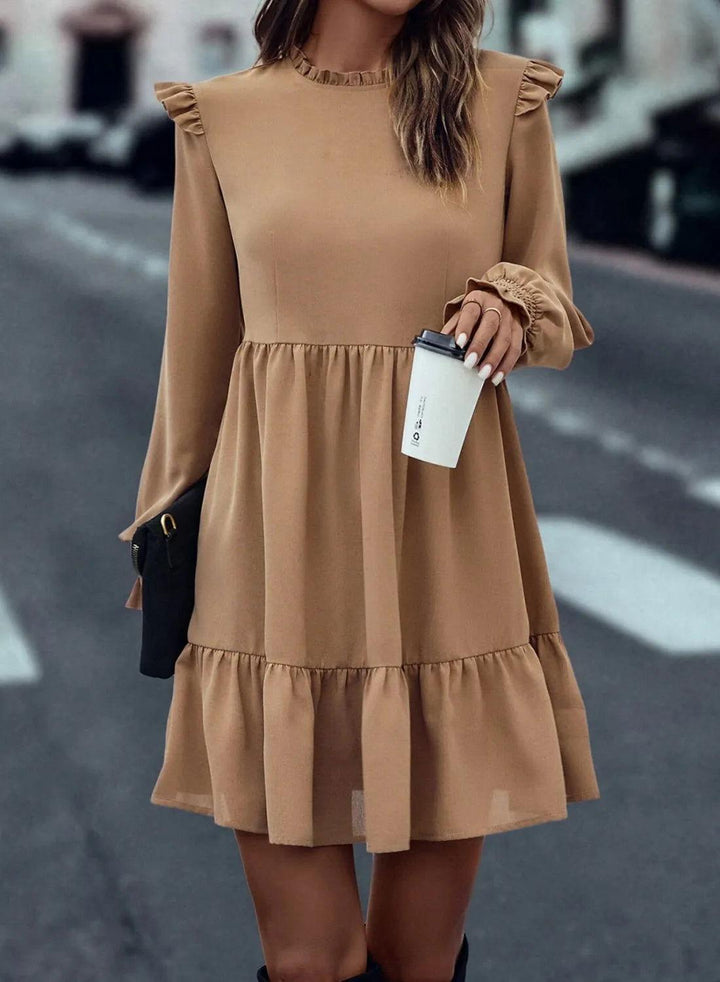 Frill Round Neck Flounce Sleeve Mini Dress - JOWLILI
