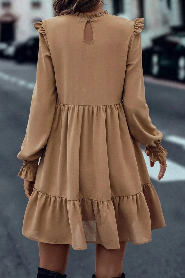 Frill Round Neck Flounce Sleeve Mini Dress - JOWLILI