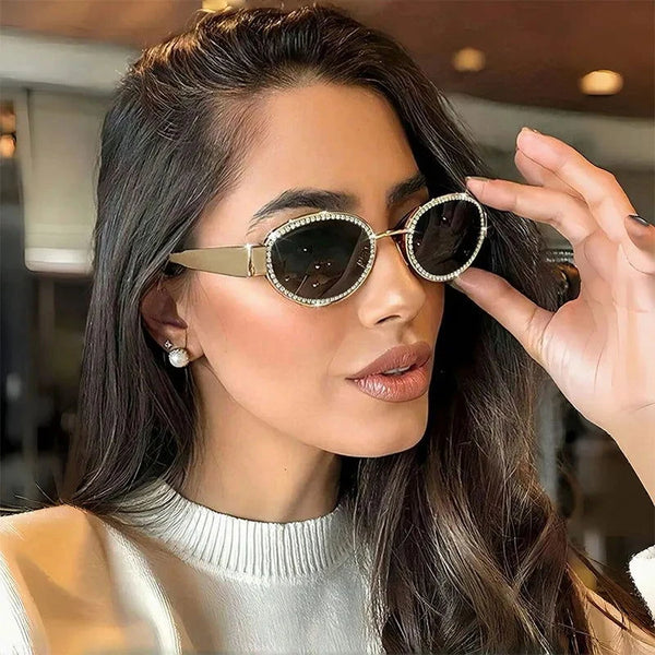 Glam Rhinestone Oval Sunglasses - JOWLILI
