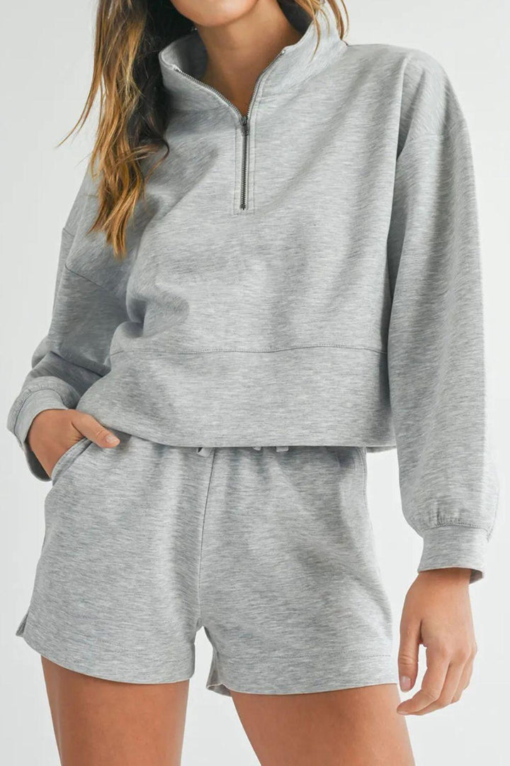 Half Zip Long Sleeve Top and Drawstring Shorts Set - JOWLILI